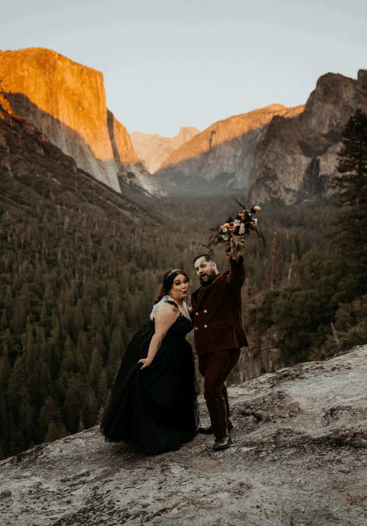 Bride and groom dance at their sunset California elopement at Tunnel View.
