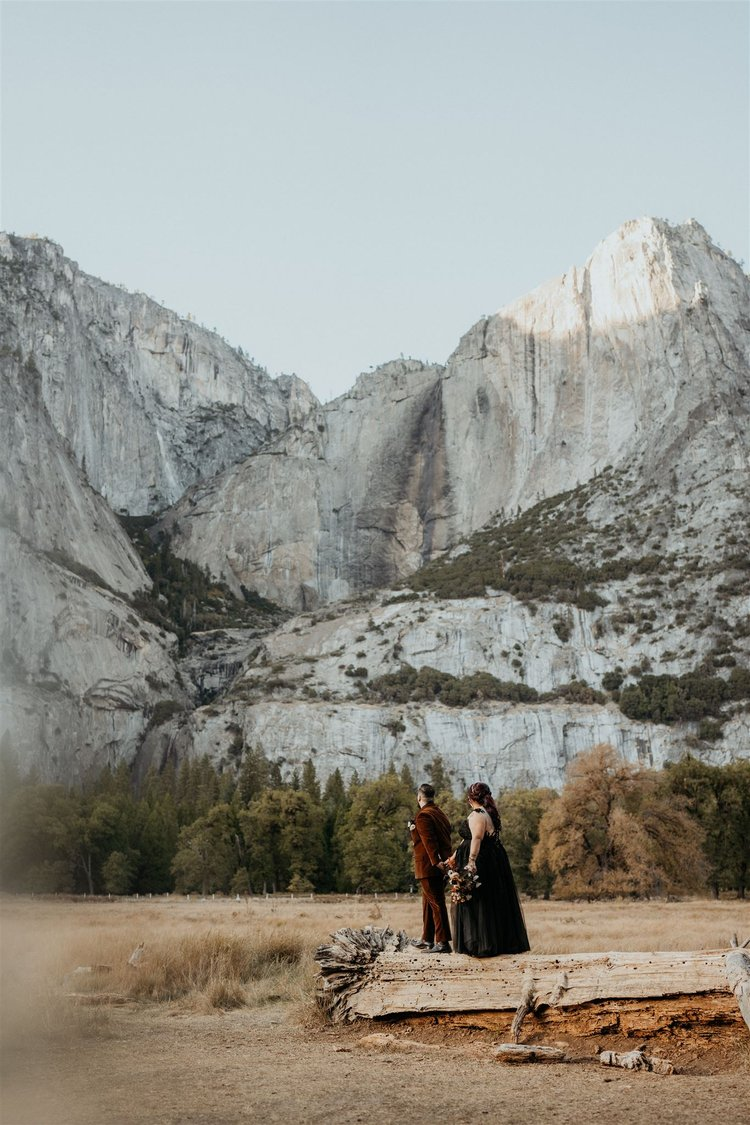 Bride and groom stand on a log in El Capitan meadow during their Yosemite elopement in California.
