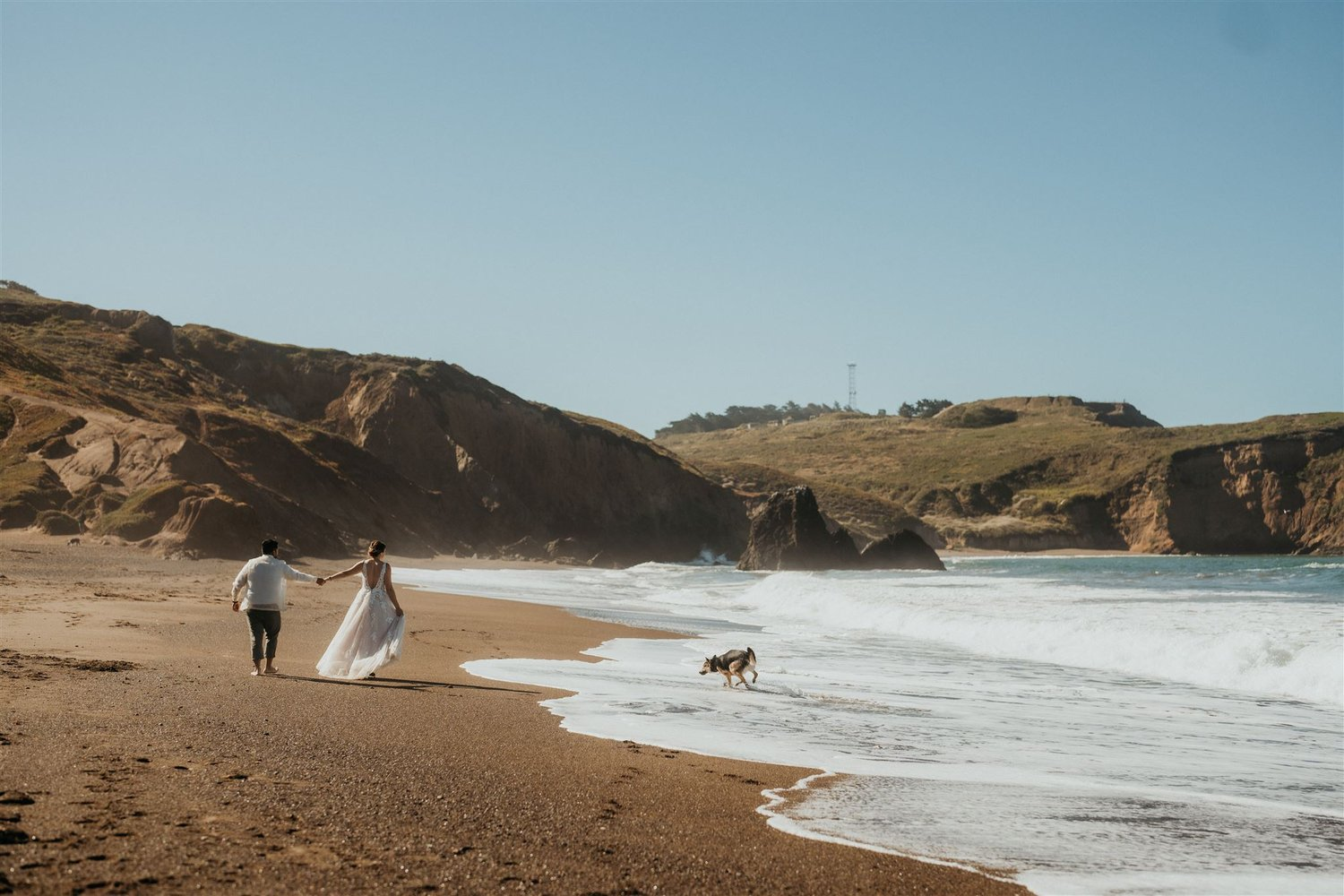Bride and groom walk across the beach with their dog during their elopement in Marin Headlands, California.