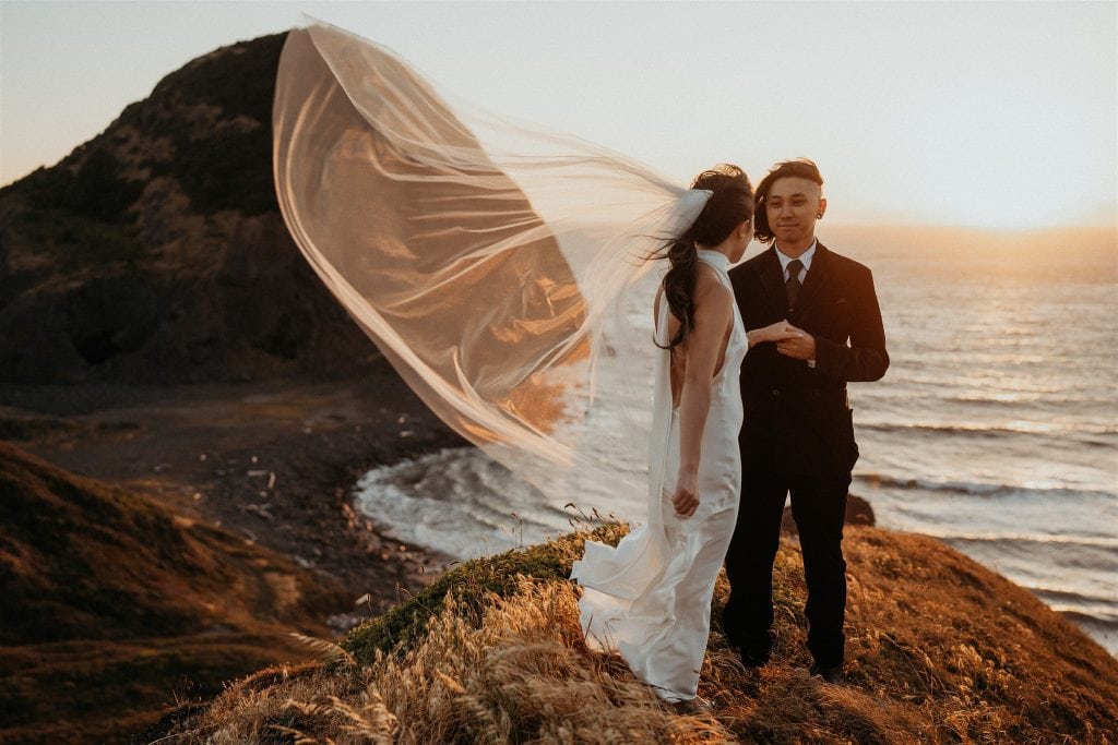 the newlyweds holding hands on a high point with the Oregon Coast behind them.