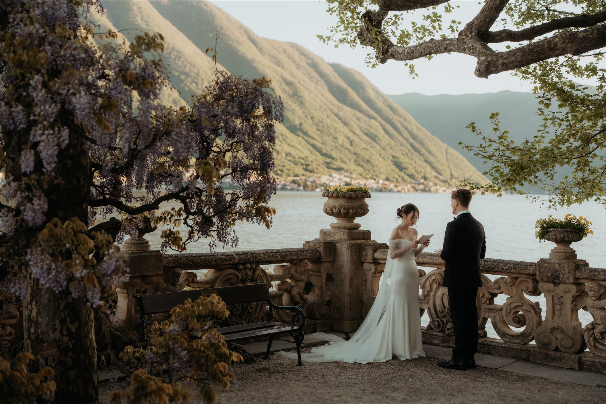 Bride and groom exchange private vows during their multi-day elopement at Lake Como, Italy.
