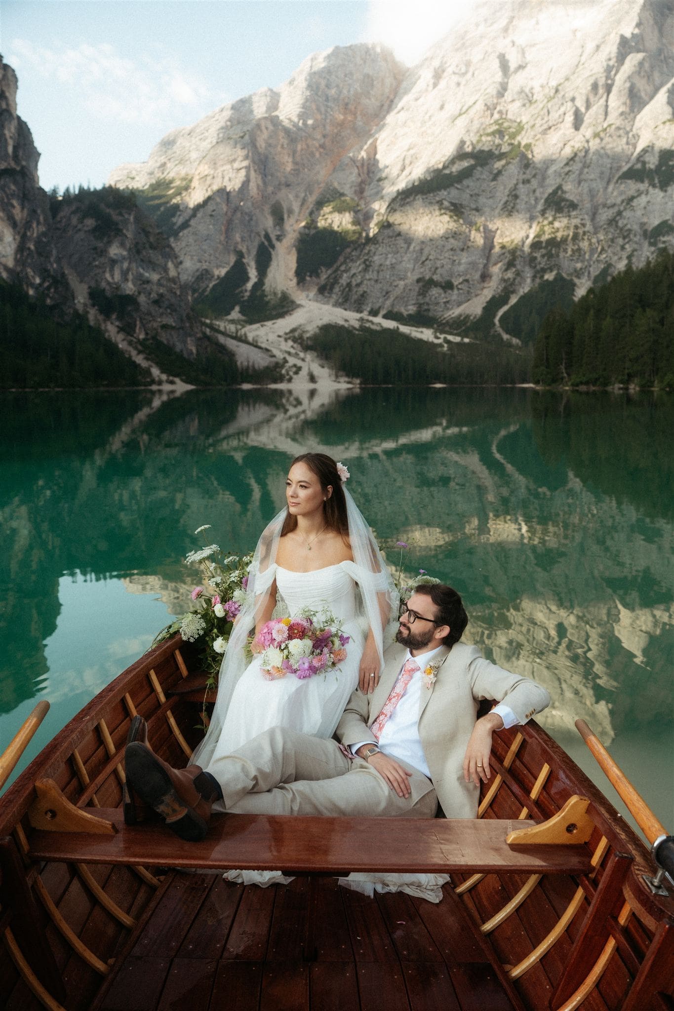 Dolomite weddings at lago Di Braies and lots of flowers