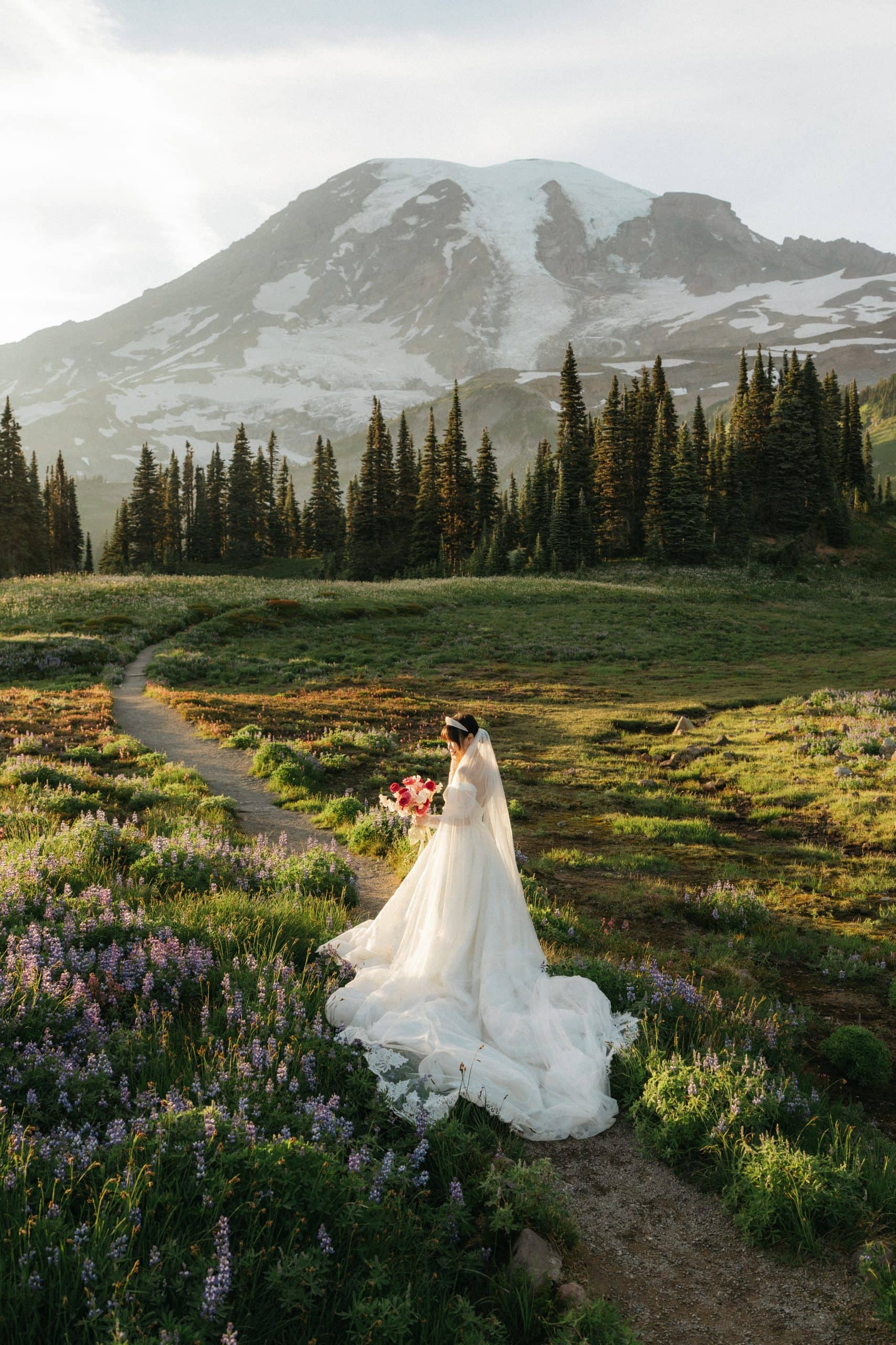 bride at mt rainier during peak wildflower season