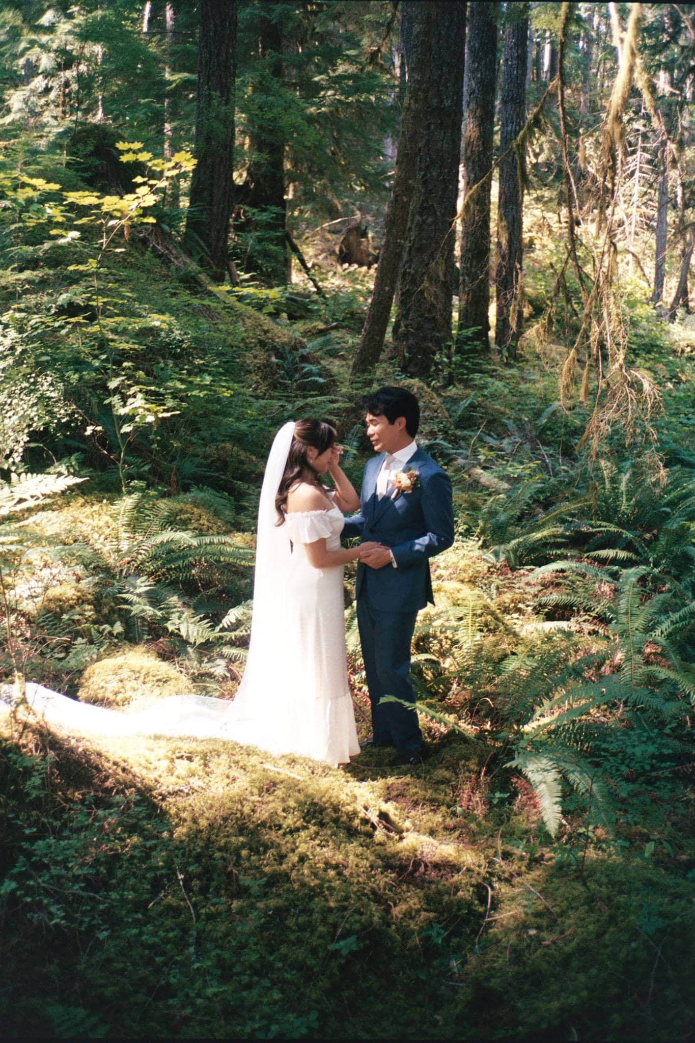 Newlyweds do a first look in the Washington forest during their film wedding photo session.
