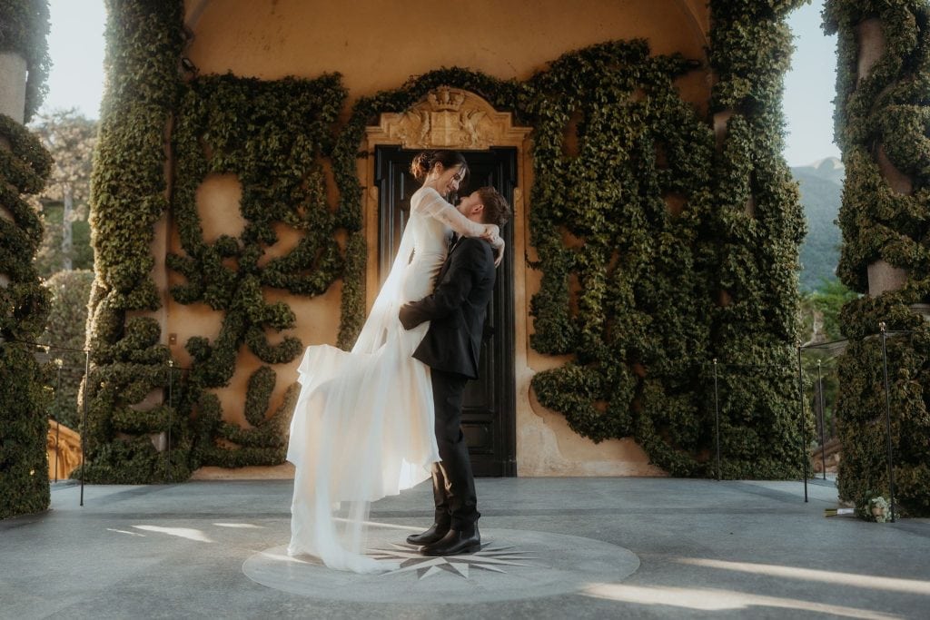 Newlyweds dance at a villa in Lake Como, Italy.